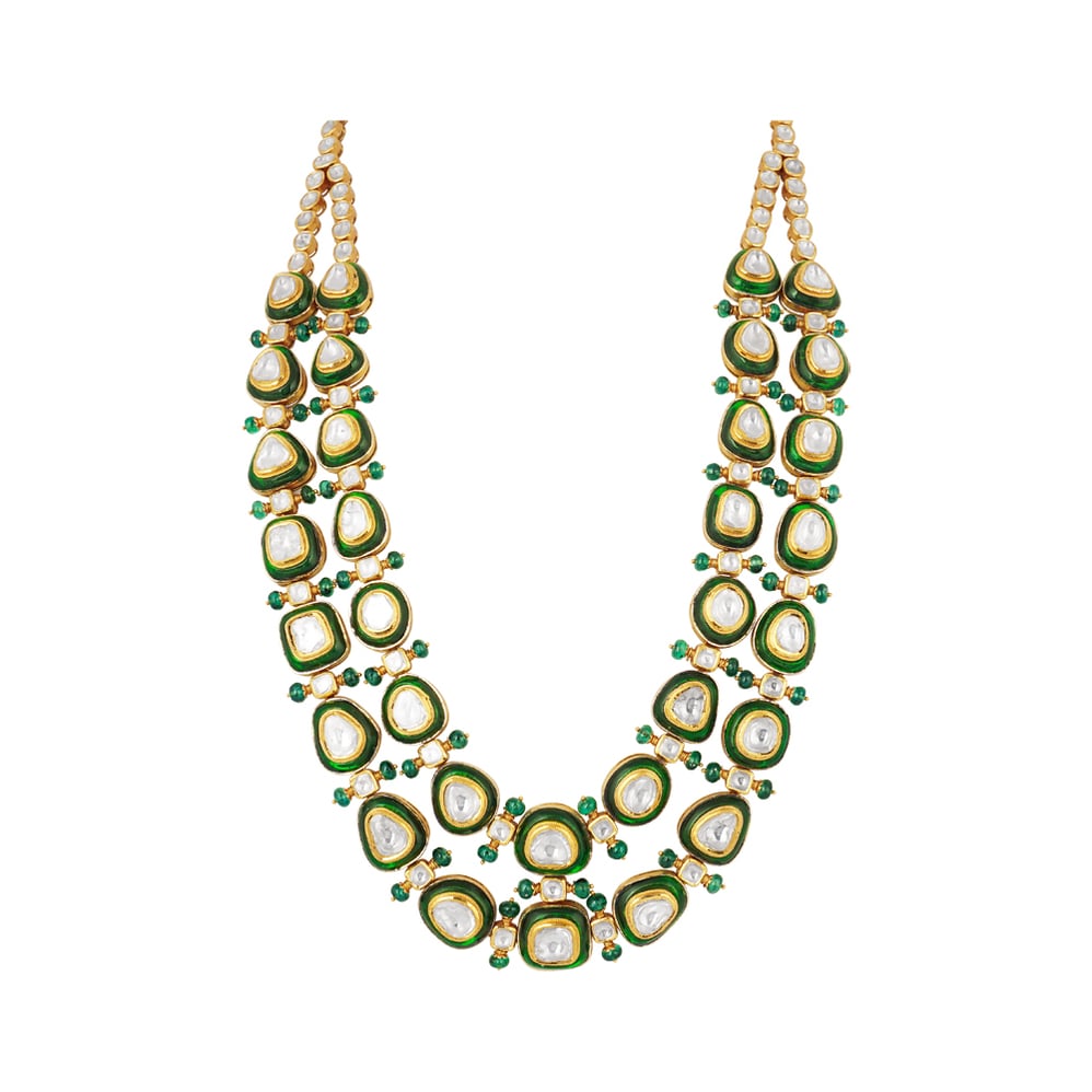 Polki Necklace with Green Chudi Work and Emerald Fungar Beads
